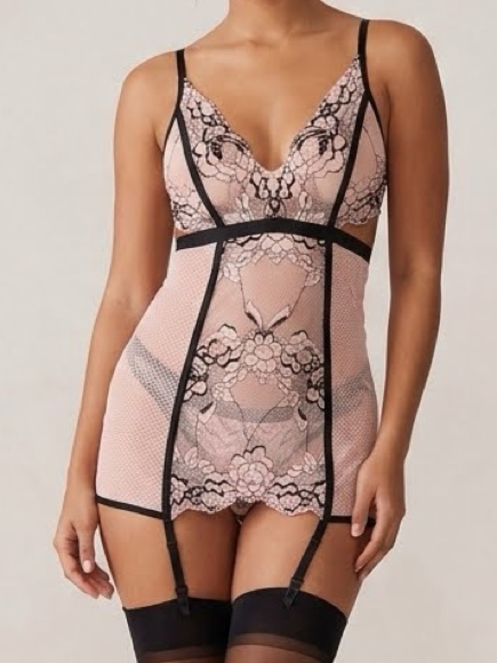 La Vie En Rose Sheer Pink Mesh Lace Cut Out Lingerie Top with Black Trim